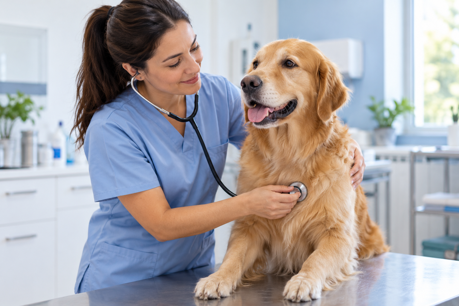 Imagem ilustrativa de uma veterinária examinando um cachorro